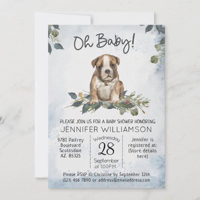 Invitación ¡Oh, nena! Bulldog Cachorro acuático Perro Baby Sh (Anverso)