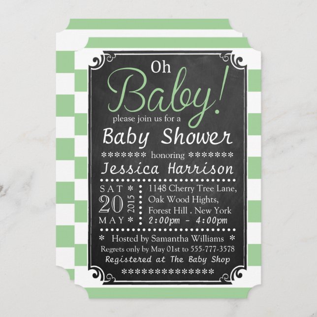 Invitación ¡Oh, nena! Chalkboard y Baby Shower de banda verde (Anverso / Reverso)