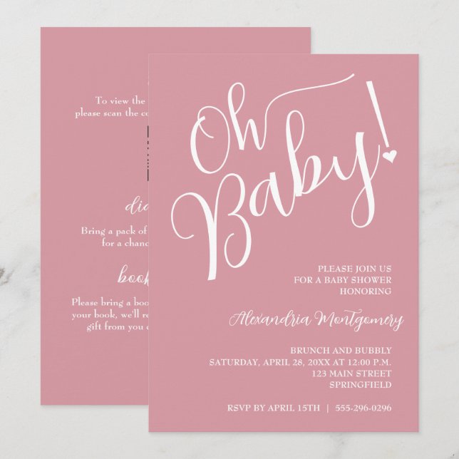 Invitación ¡Oh, nena! Código QR Baby Shower de Chica rosa (Anverso / Reverso)