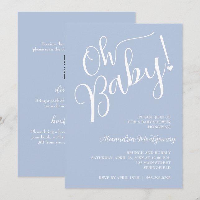 Invitación ¡Oh, nena! Código QR de Blue Boy Baby Shower (Anverso / Reverso)