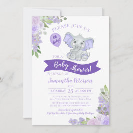 Invitación ¡Oh, nena! Cute Elephant Purple Floral Baby Shower