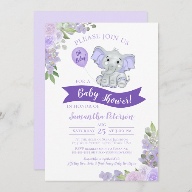 Invitación ¡Oh, nena! Cute Elephant Purple Floral Baby Shower (Anverso / Reverso)