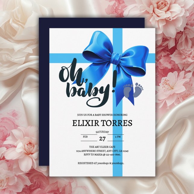 Invitación ¡Oh, nena! Elegante Baby Shower Blue Bow (Subido por el creador)
