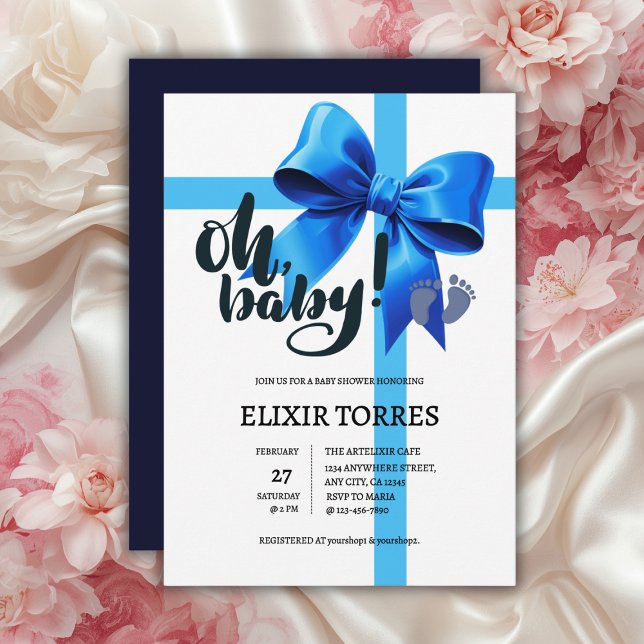 Invitación ¡Oh, nena! Elegante Baby Shower Blue Bow (Subido por el creador)