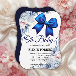 Invitación ¡Oh, nena! Elegante Baby Shower Floral Blue Bow