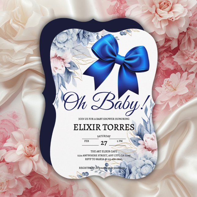 Invitación ¡Oh, nena! Elegante Baby Shower Floral Blue Bow (Subido por el creador)
