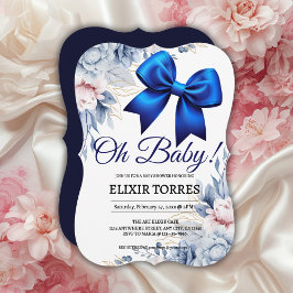Invitación ¡Oh, nena! Elegante Baby Shower Floral Blue Bow