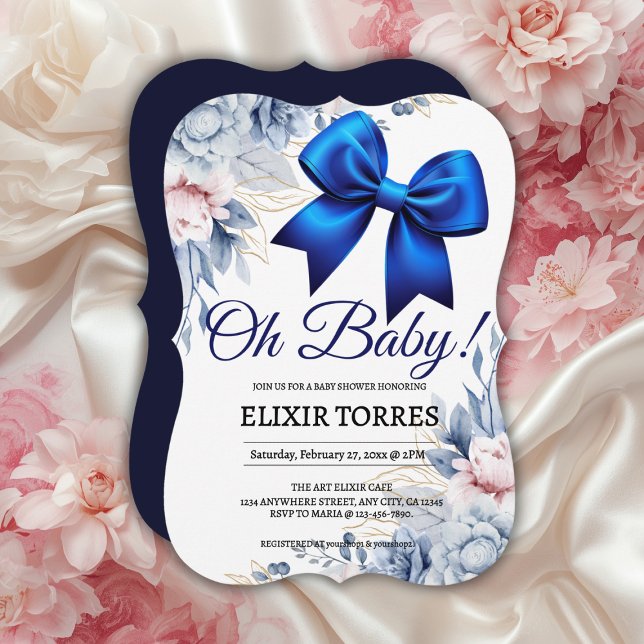 Invitación ¡Oh, nena! Elegante Baby Shower Floral Blue Bow (Subido por el creador)