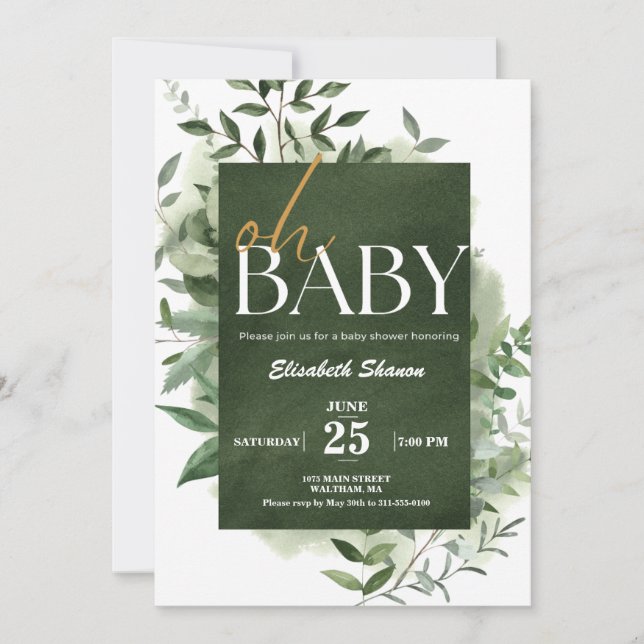 Invitación ¡Oh, nena! Greenery Watercolor Baby Shower (Anverso)
