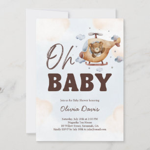 Invitación ¡Oh, nena! Helicóptero Teddy Bear Baby Shower BLUE