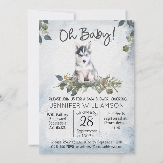Invitación ¡Oh, nena! Husky Watercolor Dog Baby Shower (Anverso)