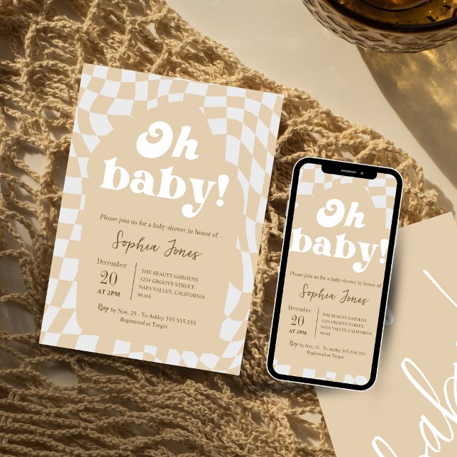 Invitación ¡Oh, nena! Marrón controlado | Gingham | ducha de  (Subido por el creador)
