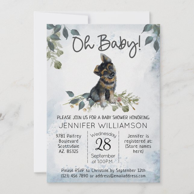 Invitación ¡Oh, nena! Perro Baby Shower German Shepherd (Anverso)