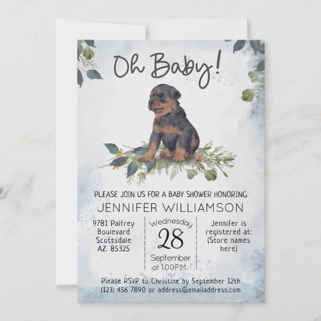 Invitación ¡Oh, nena! Rottweiler Puppy Dog Baby Shower (Anverso)