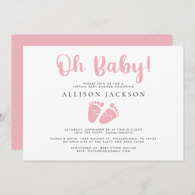 Invitación Oh Niña Bebé Virtual Ducha Pies De Bebé Rosa Simpl (Anverso / Reverso)