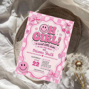Invitación Oh Niña Cuadro Rosa Cara Feliz Arco Baby Shower