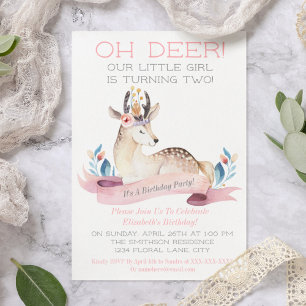 Invitación Oh Niña Deer Segunda Fiesta de Cumpleaños Rosa