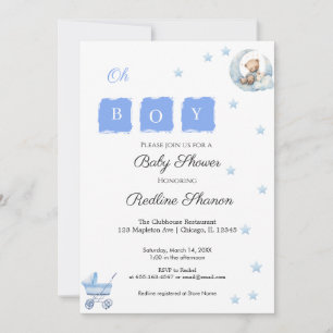 Invitación Oh niño azul color de agua oso cochecito y estrell