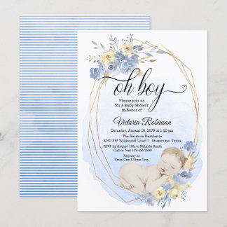 Invitación Oh Niño Azul Dorado Aquarela Niño Cumpleaños de be