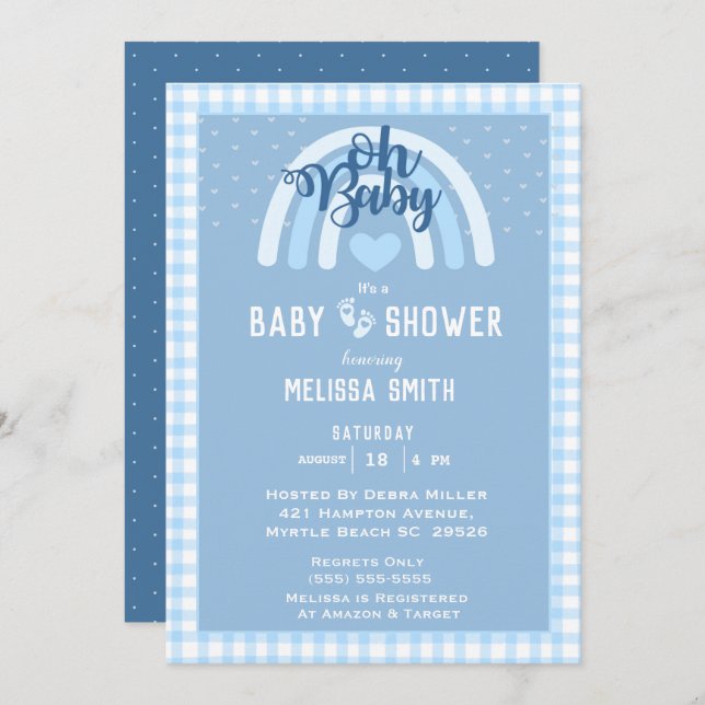 Invitación Oh niño bebé Rainbow Heart Blue Baby Shower (Anverso / Reverso)