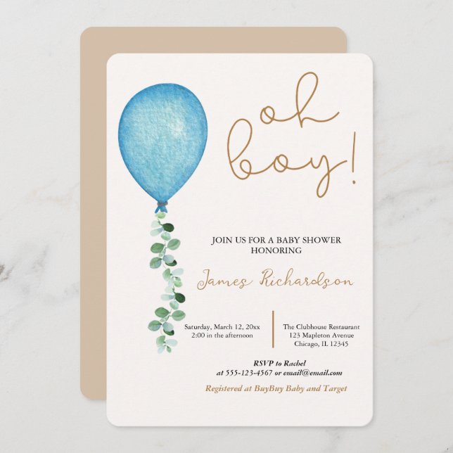 Invitación Oh niño beige modernos globos azules bebé (Anverso / Reverso)