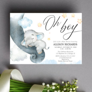 Invitación Oh niño, duchón de bebé elefante amarillo azul