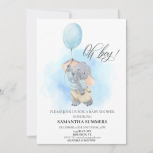 Invitación Oh Niño Elefante Acuarela Globo Azul