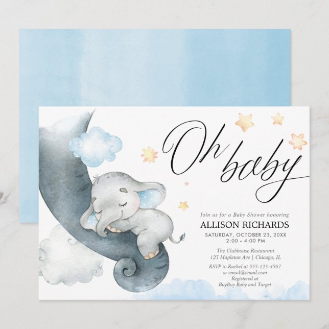 Invitación Oh niño elefante ducha de bebé azul amarillo (Anverso / Reverso)