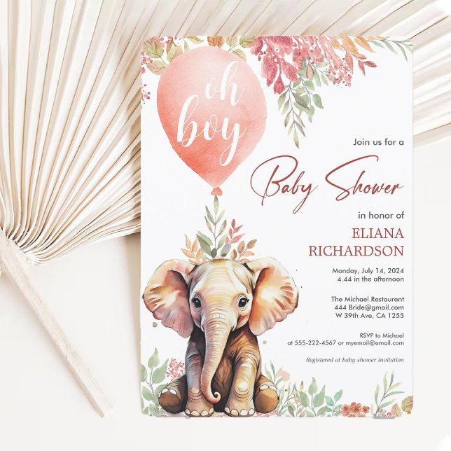 Invitación Oh niño elefante en globo otoñal bebé ducha (Oh boy elephant autumn balloon baby shower invitation)