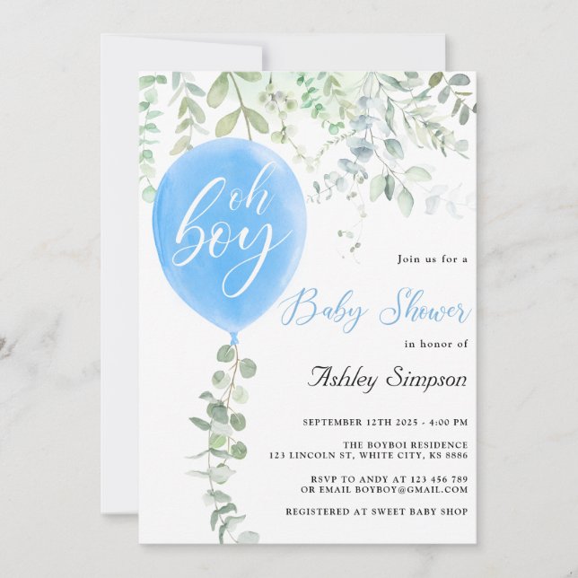Invitación Oh niño eucalipto globos azules ducha bebé (Anverso)