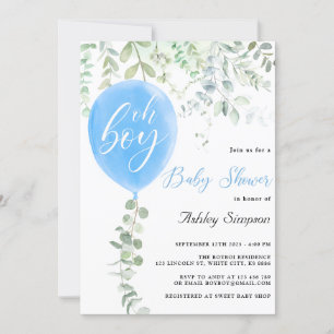Invitación Oh niño eucalipto globos azules ducha bebé