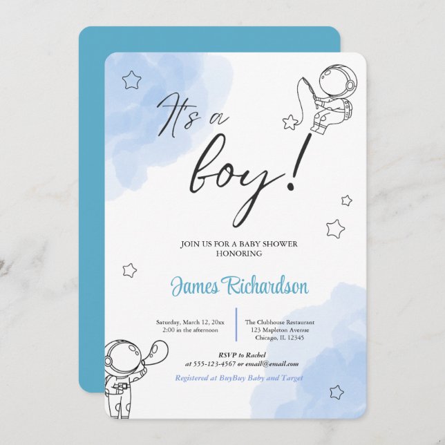 Invitación Oh niño eucaliptos modernos globos azules bebé (Anverso / Reverso)