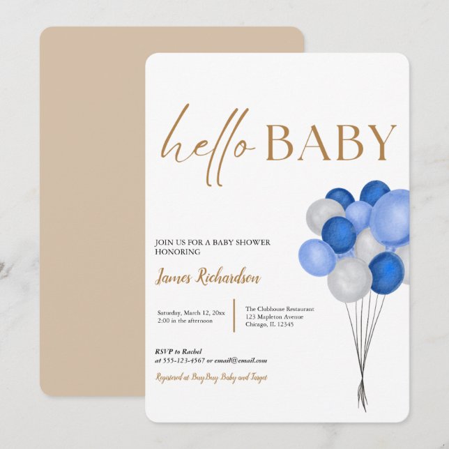 Invitación Oh niño eucaliptos modernos globos azules bebé duc (Anverso / Reverso)