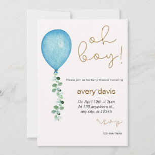 Invitación Oh niño eucaliptos modernos globos azules bebé duc