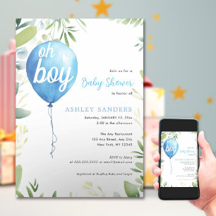 Invitación Oh niño eucaliptos modernos globos azules bebé duc
