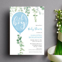 Invitación Oh niño eucaliptos modernos globos azules bebé duc