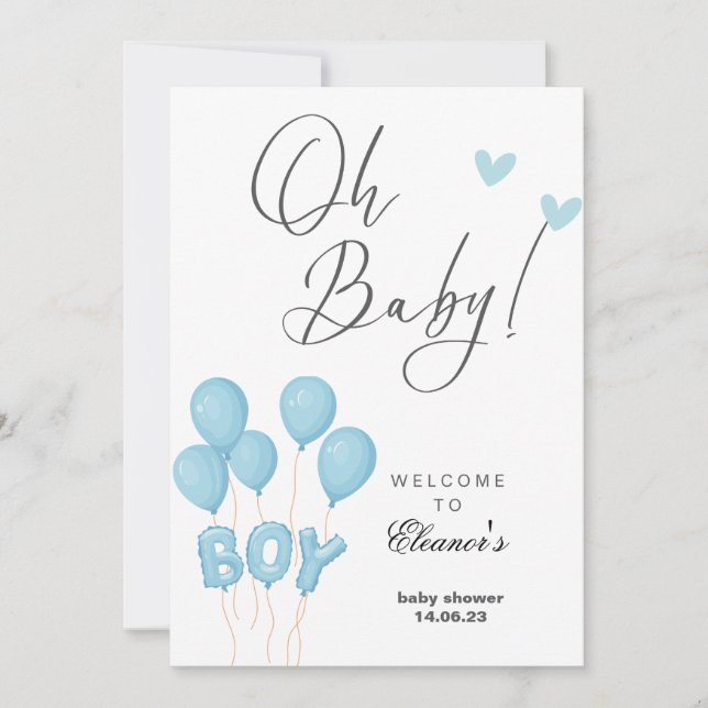 Invitación Oh niño eucaliptos modernos globos azules bebé duc (Anverso)