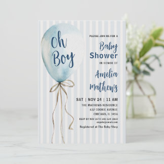 Invitación Oh Niño Globo Azul Acuarela Baby Shower
