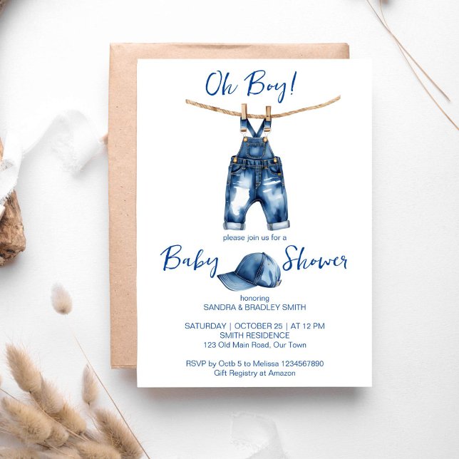 Invitación Oh niño jeans azules modelo de ducha de bebé (Oh boy blue jeans baby shower template invitation digital download baby jeans on a line sports cap)
