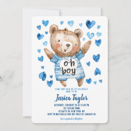Invitación Oh Niño Osito Corazones Azules Fiesta de Niño Bebe