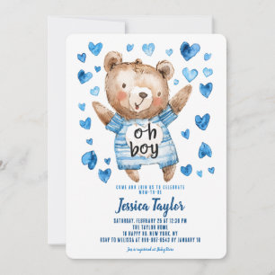 Invitación Oh Niño Osito Corazones Azules Fiesta de Niño Bebe