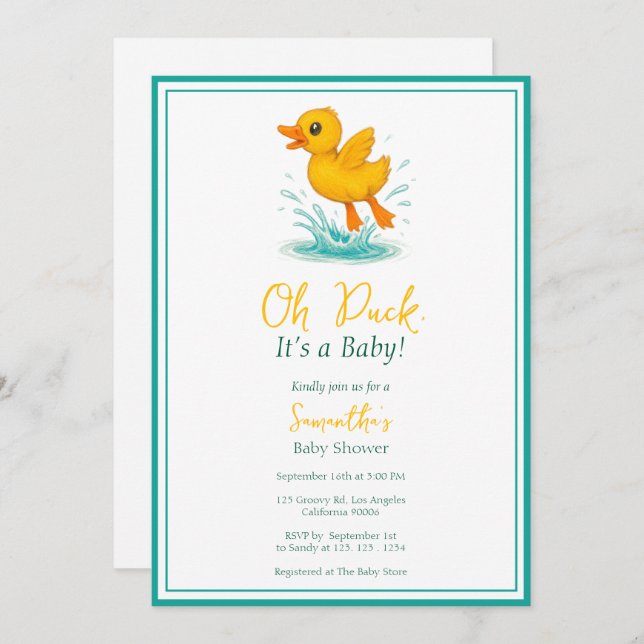 Invitación Oh Pato, ¡es un bebé! Cute Baby Shower (Anverso / Reverso)