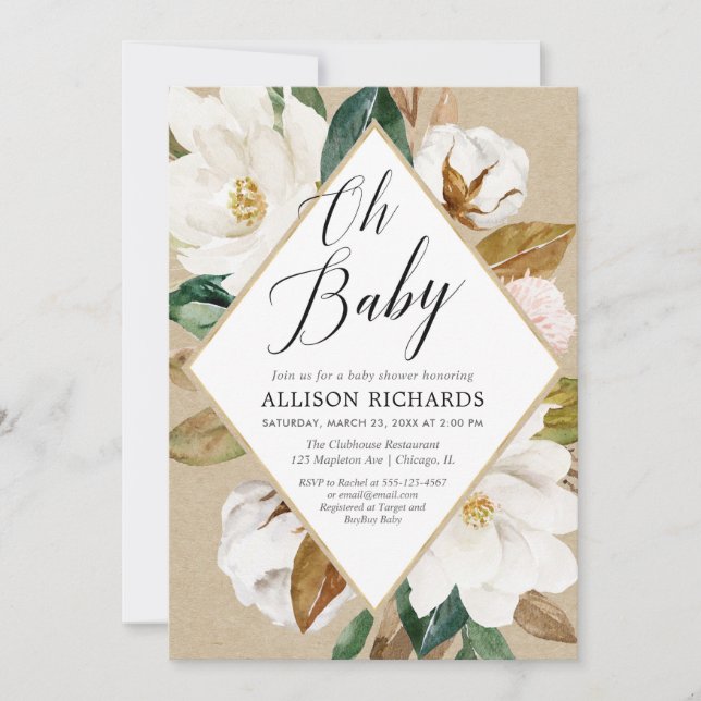 Invitación Oh pequeña magnolia floral kraft baby ducha (Anverso)