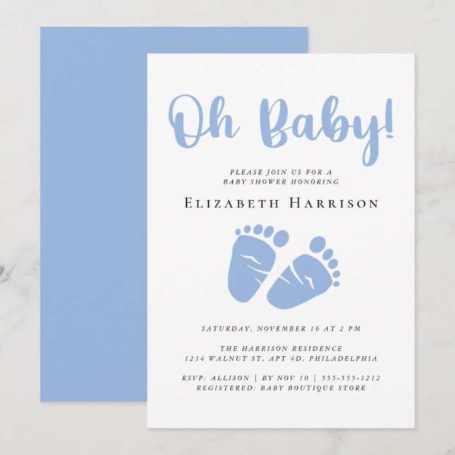 Invitación Oh Pies de Bebé Azul Bebé Ducha (Anverso / Reverso)