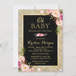 Invitación Oh Purpurina Baby Shower Shiny Gold Sparkles Flora