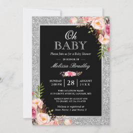 Invitación Oh Purpurina Baby Shower Silver parkles floral ros