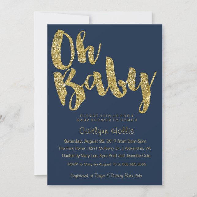 Invitación Oh Purpurina de oro bebé y Relieve metalizado en B (Anverso)