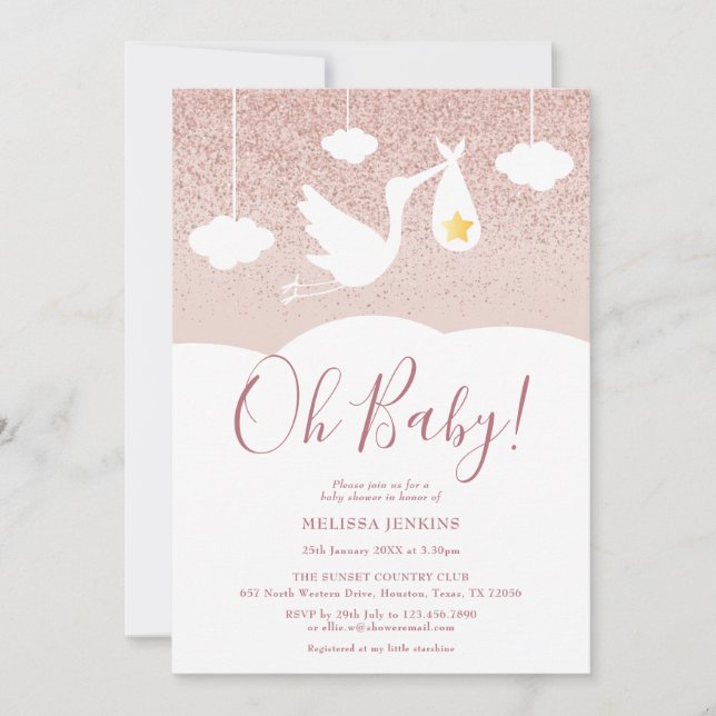 Invitación Oh Purpurina de oro Rosa de cigüeñas Baby Shower b (Anverso)
