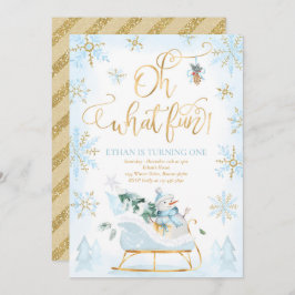 Invitación Oh Qué Diversión Azul y Oro Invierno Sleigh Cumple