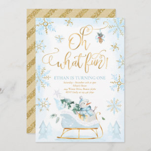 Invitación Oh Qué Diversión Azul y Oro Invierno Sleigh Cumple
